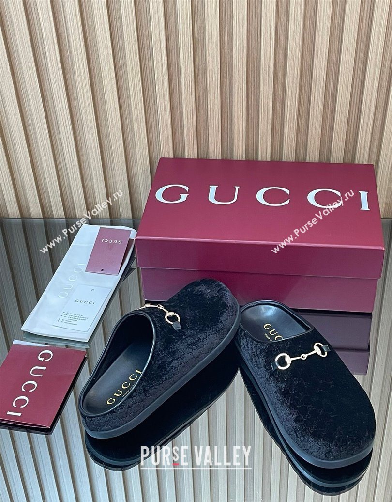 Gucci GG Velvet Flat Mules with Horsebit Black 2025 836057 (MD-251020017)