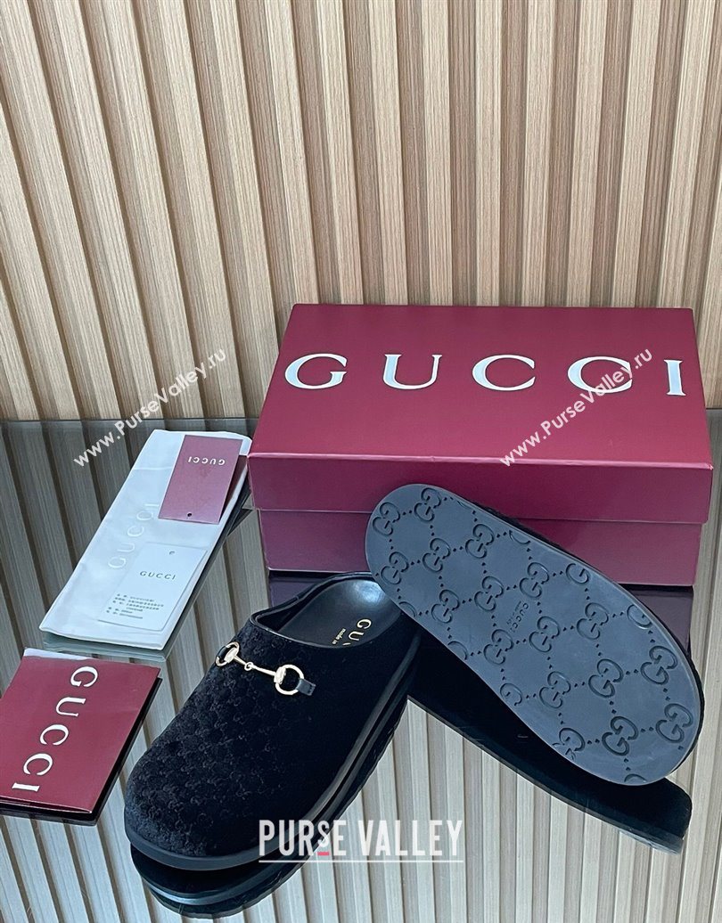 Gucci GG Velvet Flat Mules with Horsebit Black 2025 836057 (MD-251020017)