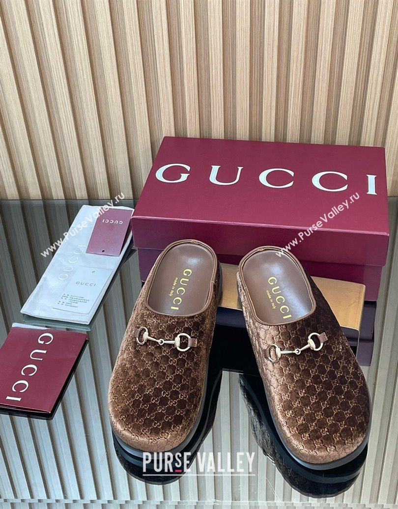 Gucci GG Velvet Flat Mules with Horsebit Dark Brown 2025 836057 (MD-251020018)