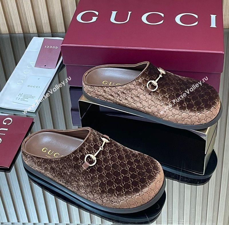 Gucci GG Velvet Flat Mules with Horsebit Dark Brown 2025 836057 (MD-251020018)