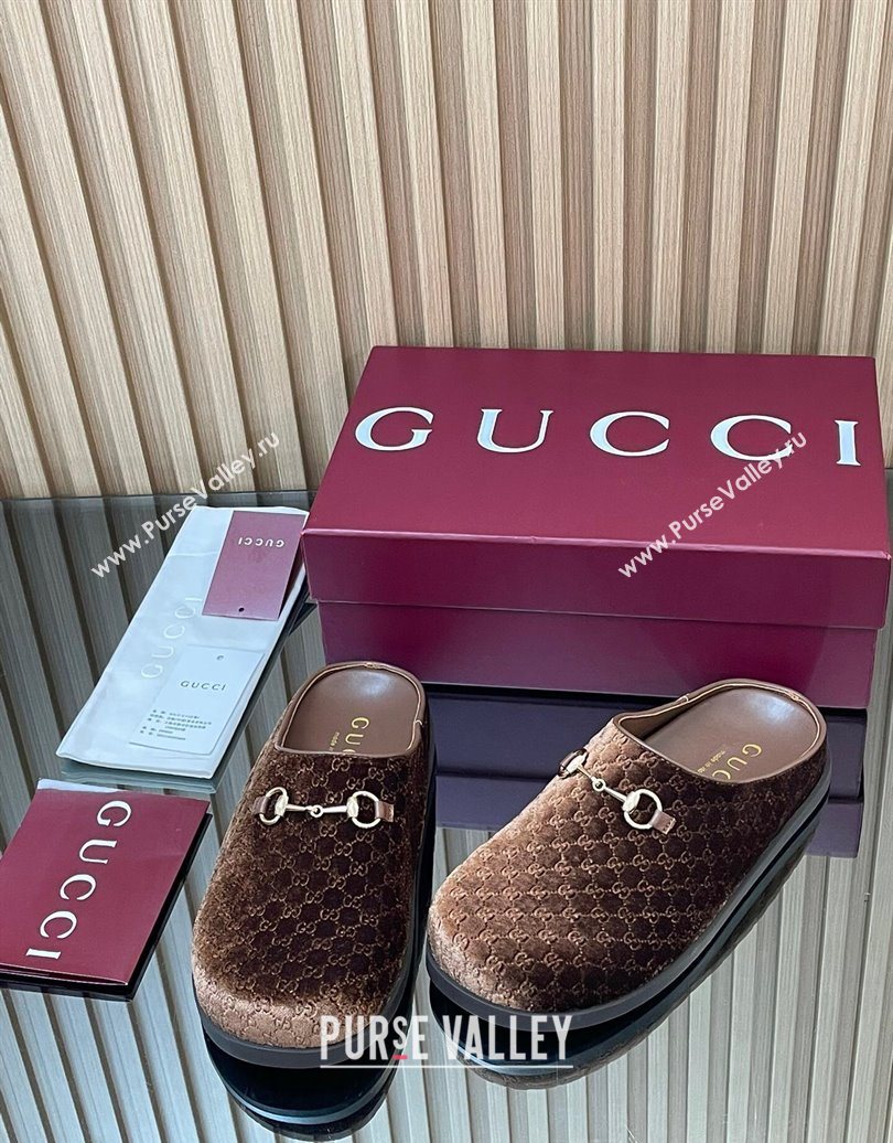 Gucci GG Velvet Flat Mules with Horsebit Dark Brown 2025 836057 (MD-251020018)