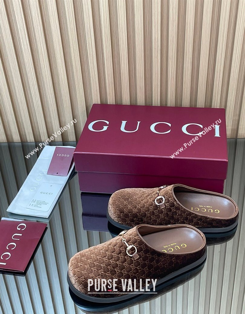Gucci GG Velvet Flat Mules with Horsebit Dark Brown 2025 836057 (MD-251020018)