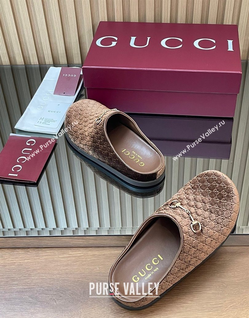 Gucci GG Velvet Flat Mules with Horsebit Dark Brown 2025 836057 (MD-251020018)
