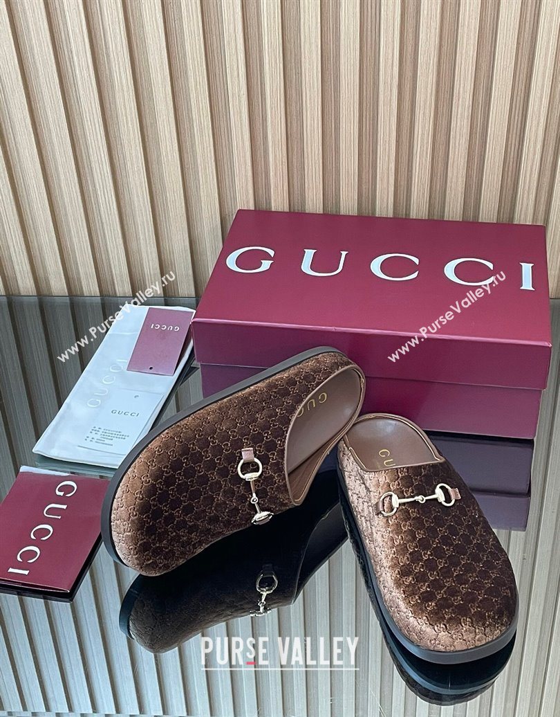 Gucci GG Velvet Flat Mules with Horsebit Dark Brown 2025 836057 (MD-251020018)