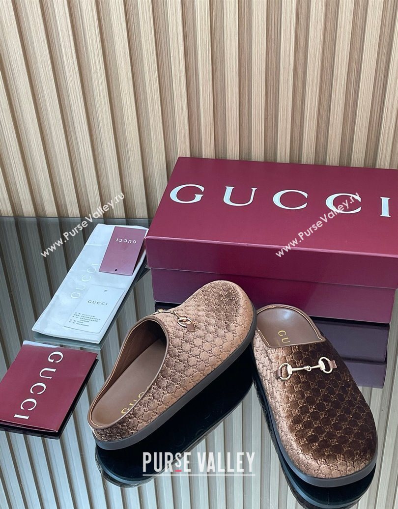 Gucci GG Velvet Flat Mules with Horsebit Dark Brown 2025 836057 (MD-251020018)