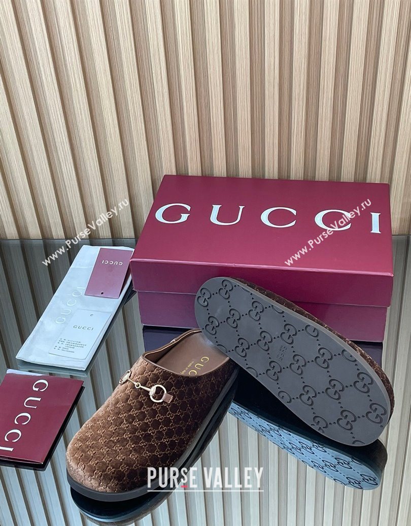Gucci GG Velvet Flat Mules with Horsebit Dark Brown 2025 836057 (MD-251020018)