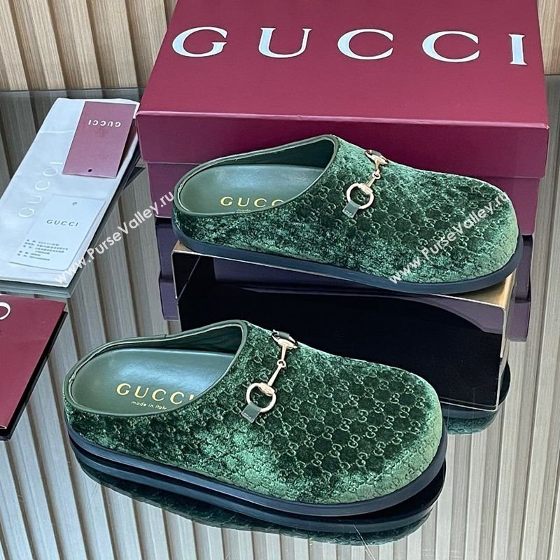 Gucci GG Velvet Flat Mules with Horsebit Dark Green 2025 836057 (MD-251020019)
