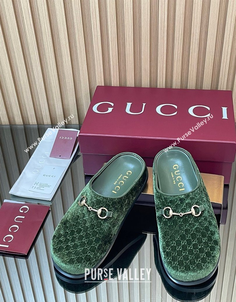 Gucci GG Velvet Flat Mules with Horsebit Dark Green 2025 836057 (MD-251020019)