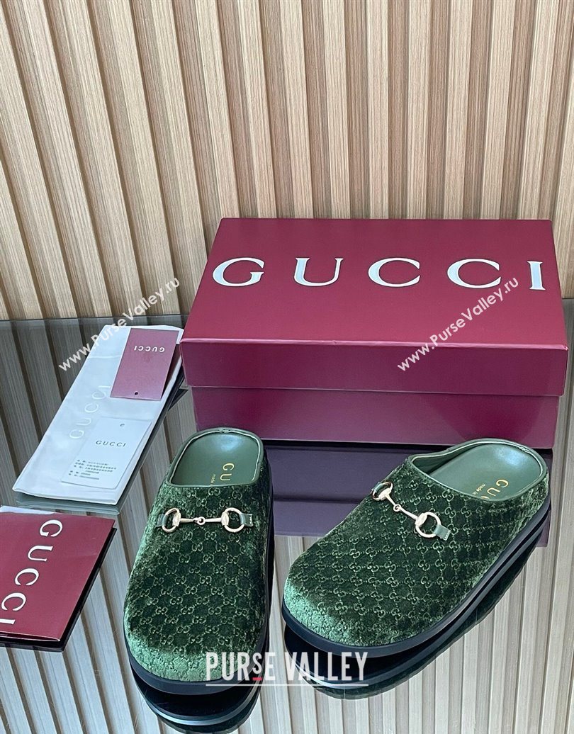 Gucci GG Velvet Flat Mules with Horsebit Dark Green 2025 836057 (MD-251020019)