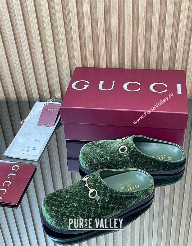 Gucci GG Velvet Flat Mules with Horsebit Dark Green 2025 836057 (MD-251020019)