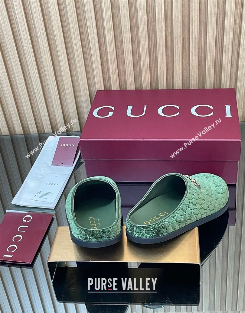 Gucci GG Velvet Flat Mules with Horsebit Dark Green 2025 836057 (MD-251020019)