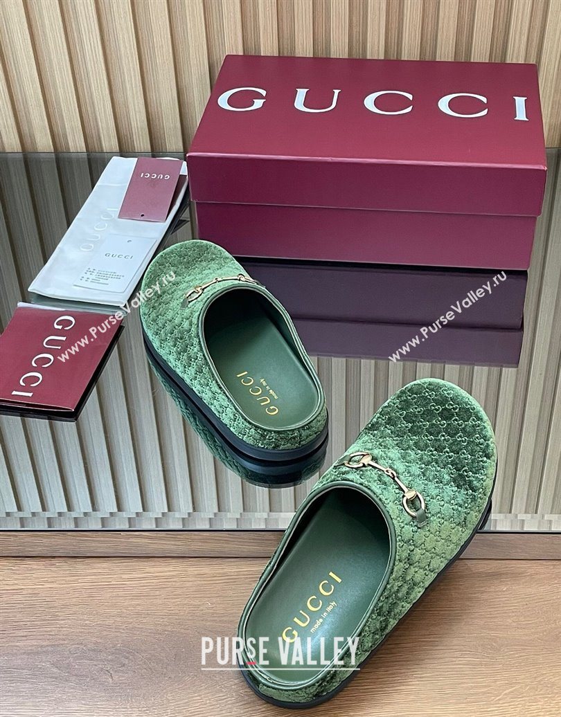Gucci GG Velvet Flat Mules with Horsebit Dark Green 2025 836057 (MD-251020019)