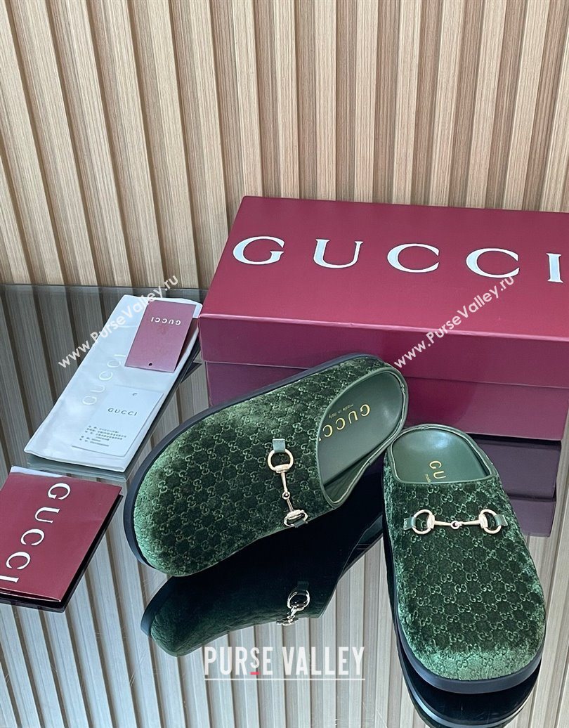 Gucci GG Velvet Flat Mules with Horsebit Dark Green 2025 836057 (MD-251020019)