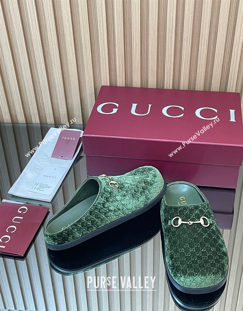 Gucci GG Velvet Flat Mules with Horsebit Dark Green 2025 836057 (MD-251020019)