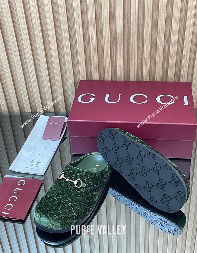 Gucci GG Velvet Flat Mules with Horsebit Dark Green 2025 836057 (MD-251020019)