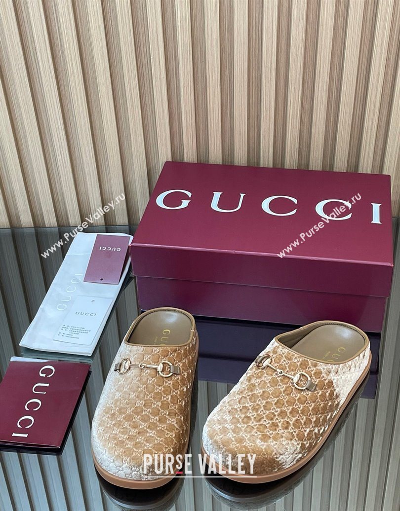 Gucci GG Velvet Flat Mules with Horsebit Beige 2025 836057 (MD-251020021)