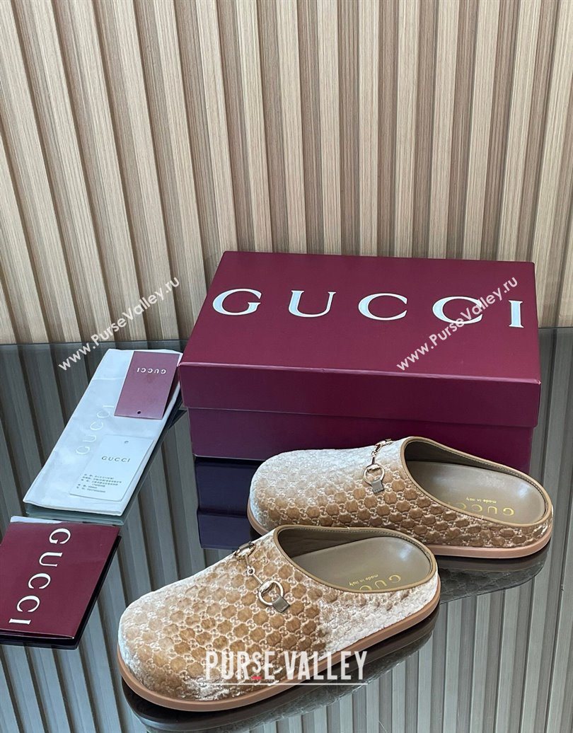 Gucci GG Velvet Flat Mules with Horsebit Beige 2025 836057 (MD-251020021)