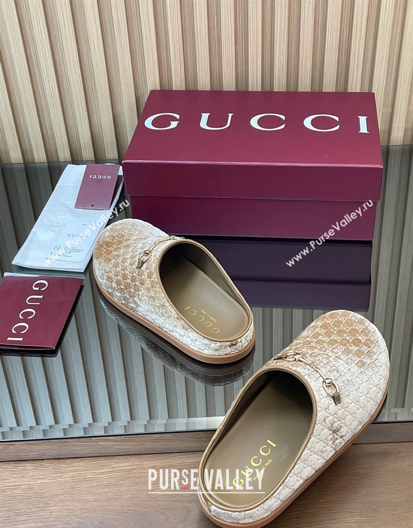Gucci GG Velvet Flat Mules with Horsebit Beige 2025 836057 (MD-251020021)