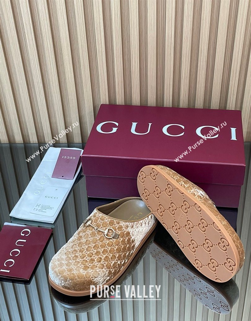 Gucci GG Velvet Flat Mules with Horsebit Beige 2025 836057 (MD-251020021)