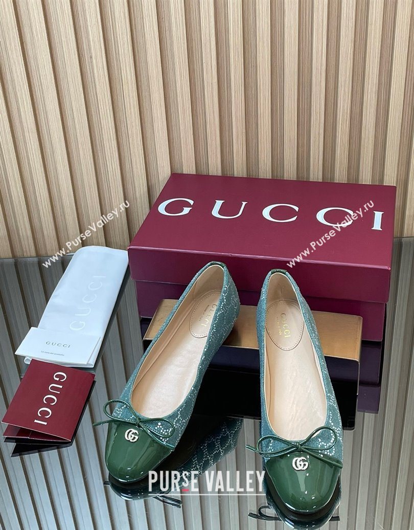 Gucci GG Strass Denim and Patent Leather Ballet Flats with Double G and Bow Green 2025 ‎835805 (MD-251021060)