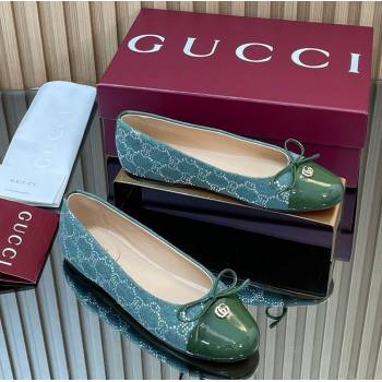 Gucci GG Strass Denim and Patent Leather Ballet Flats with Double G and Bow Green 2025 ‎835805 (MD-251021060)