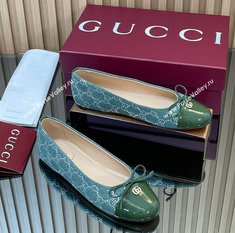 Gucci GG Strass Denim and Patent Leather Ballet Flats with Double G and Bow Green 2025 ‎835805 (MD-251021060)