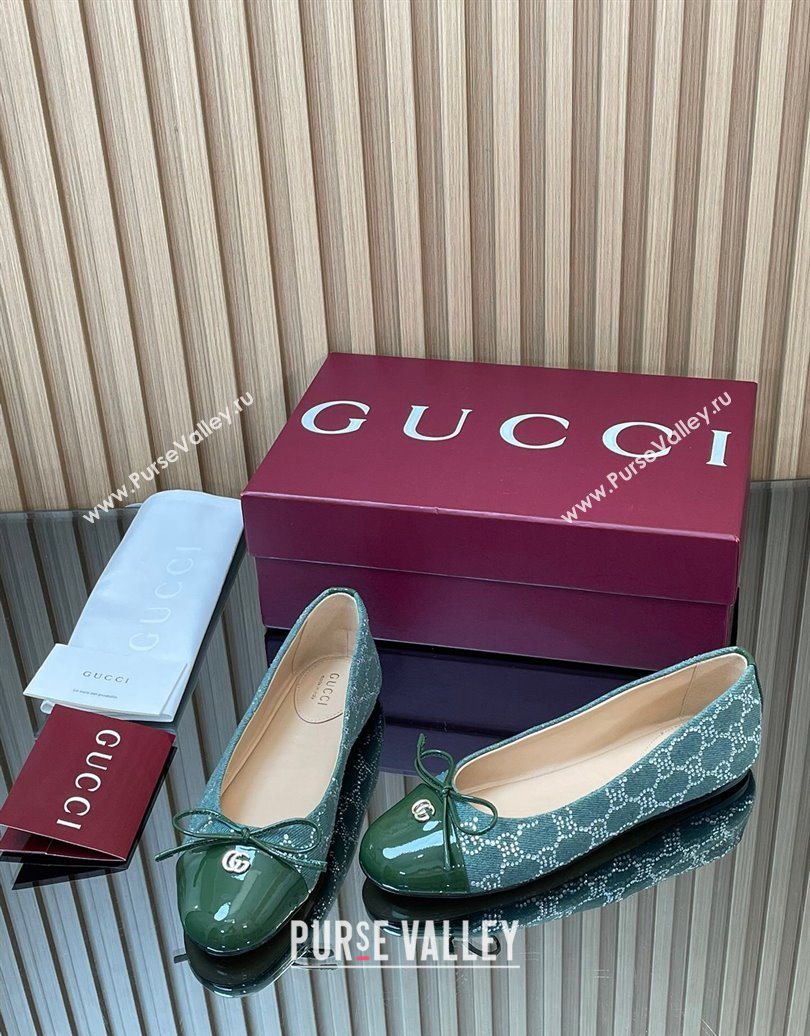 Gucci GG Strass Denim and Patent Leather Ballet Flats with Double G and Bow Green 2025 ‎835805 (MD-251021060)
