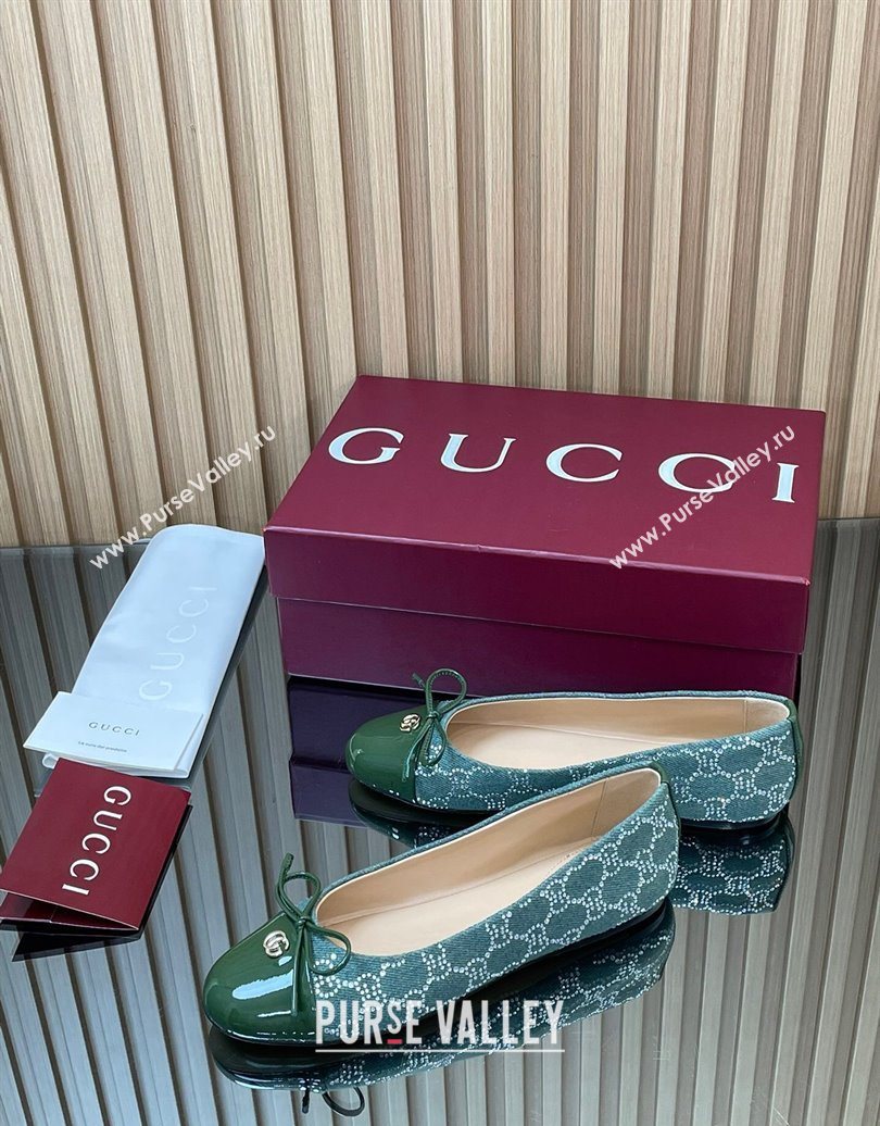 Gucci GG Strass Denim and Patent Leather Ballet Flats with Double G and Bow Green 2025 ‎835805 (MD-251021060)