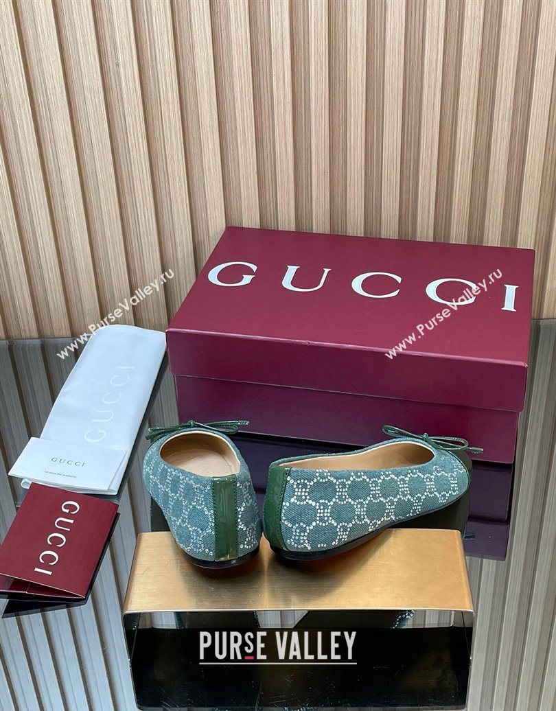 Gucci GG Strass Denim and Patent Leather Ballet Flats with Double G and Bow Green 2025 ‎835805 (MD-251021060)