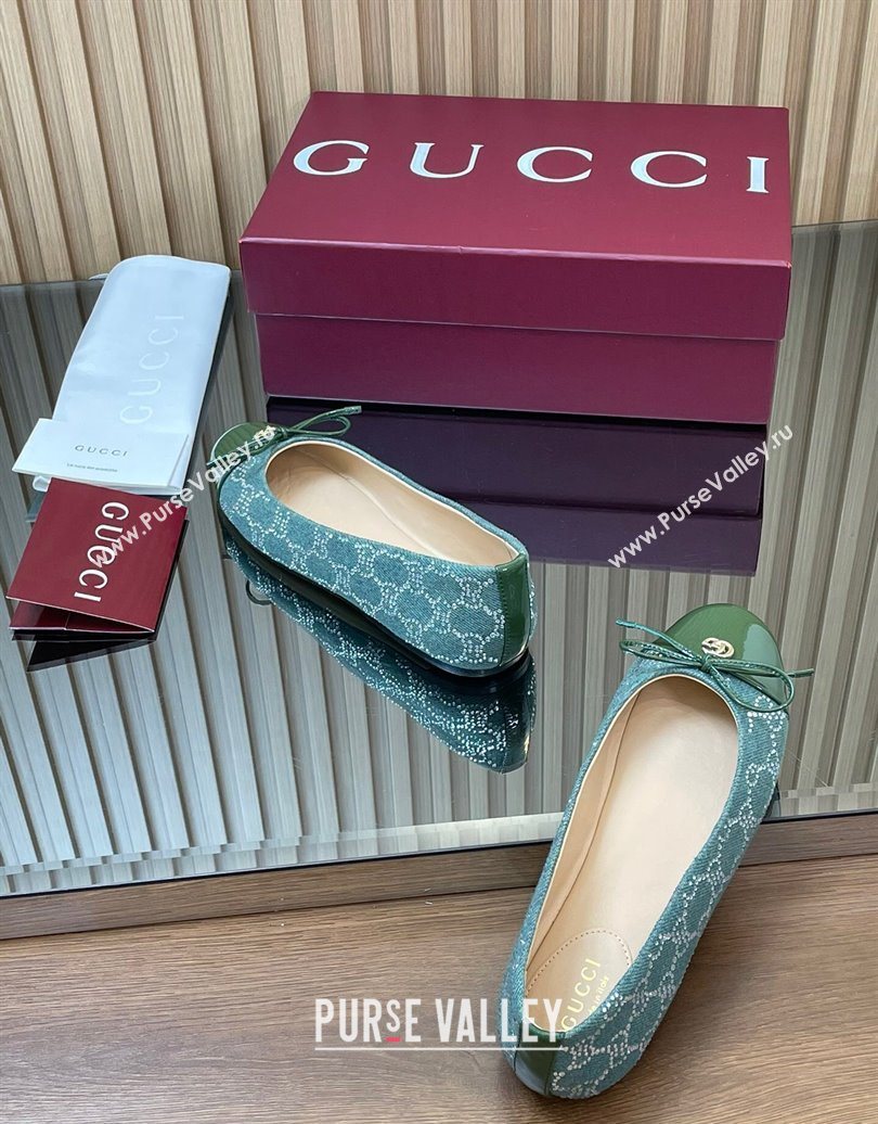 Gucci GG Strass Denim and Patent Leather Ballet Flats with Double G and Bow Green 2025 ‎835805 (MD-251021060)