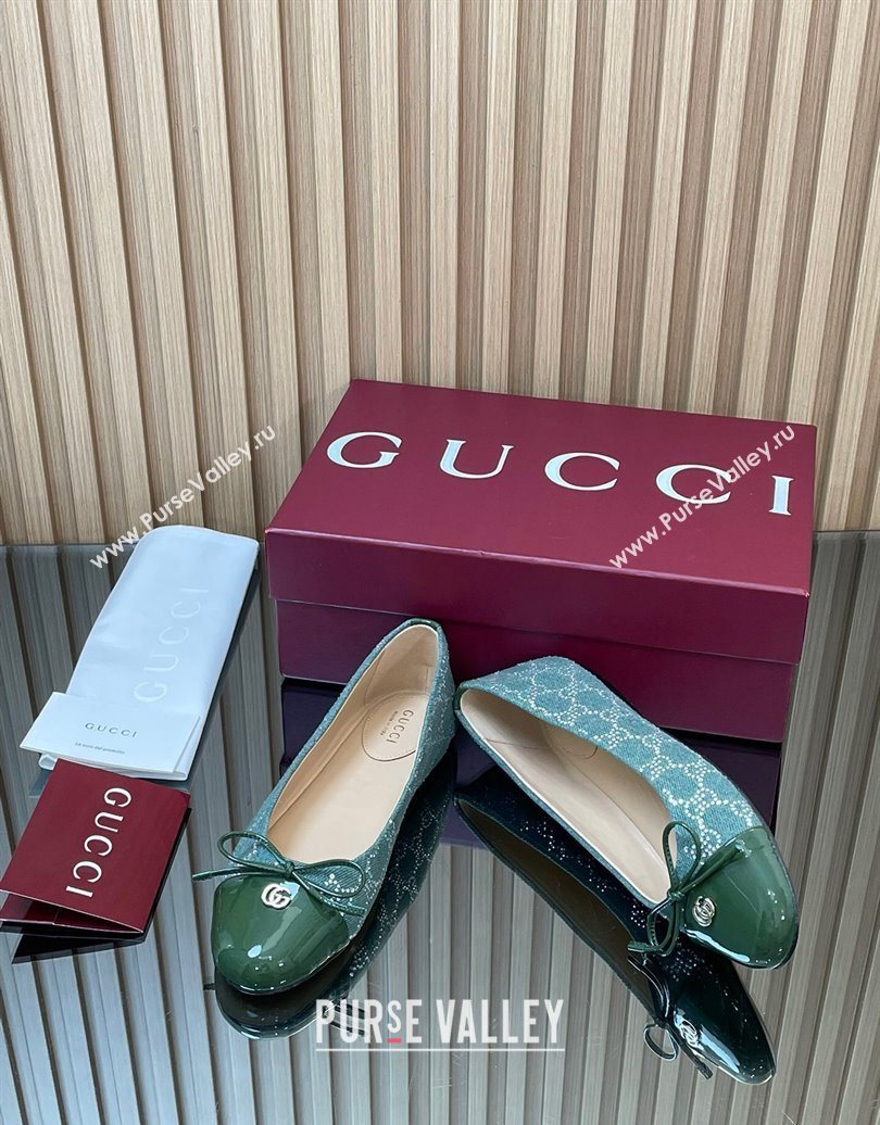 Gucci GG Strass Denim and Patent Leather Ballet Flats with Double G and Bow Green 2025 ‎835805 (MD-251021060)