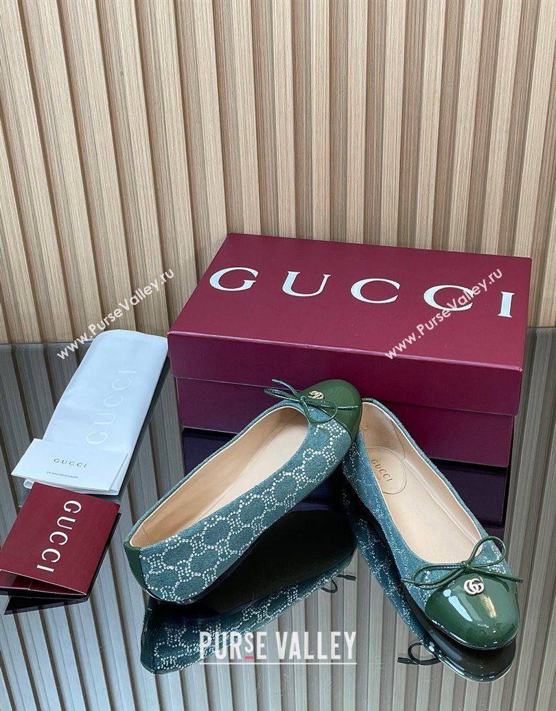 Gucci GG Strass Denim and Patent Leather Ballet Flats with Double G and Bow Green 2025 ‎835805 (MD-251021060)