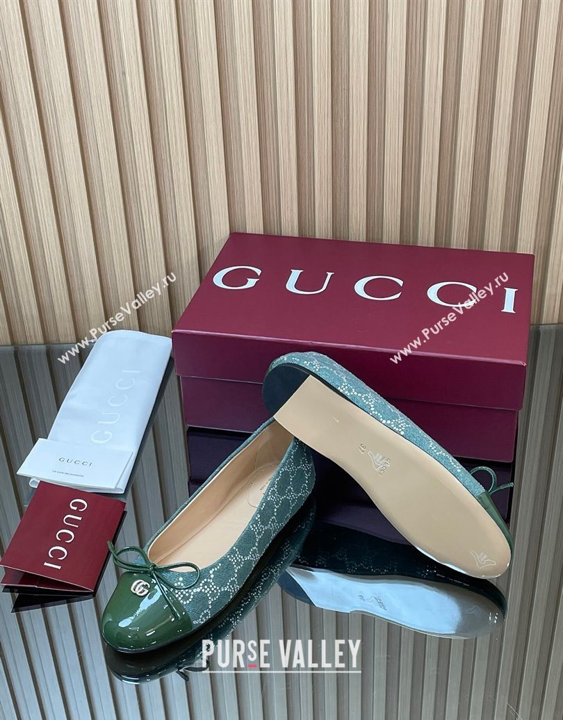 Gucci GG Strass Denim and Patent Leather Ballet Flats with Double G and Bow Green 2025 ‎835805 (MD-251021060)