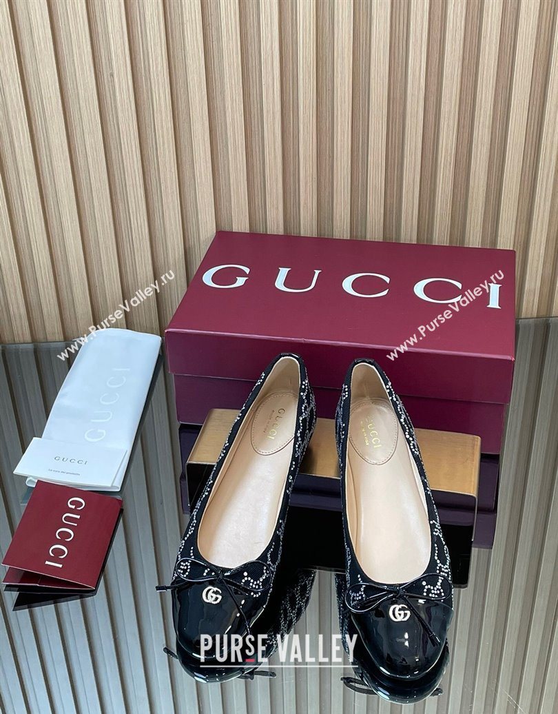 Gucci GG Strass Denim and Patent Leather Ballet Flats with Double G and Bow Black 2025 ‎835805 (MD-251021061)