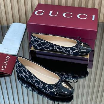 Gucci GG Strass Denim and Patent Leather Ballet Flats with Double G and Bow Black 2025 ‎835805 (MD-251021061)