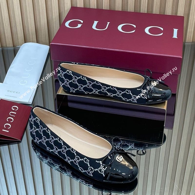Gucci GG Strass Denim and Patent Leather Ballet Flats with Double G and Bow Black 2025 ‎835805 (MD-251021061)