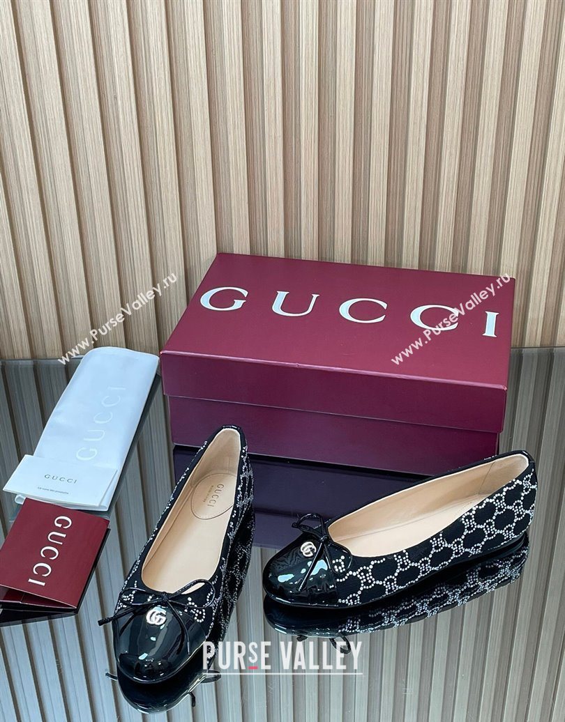 Gucci GG Strass Denim and Patent Leather Ballet Flats with Double G and Bow Black 2025 ‎835805 (MD-251021061)