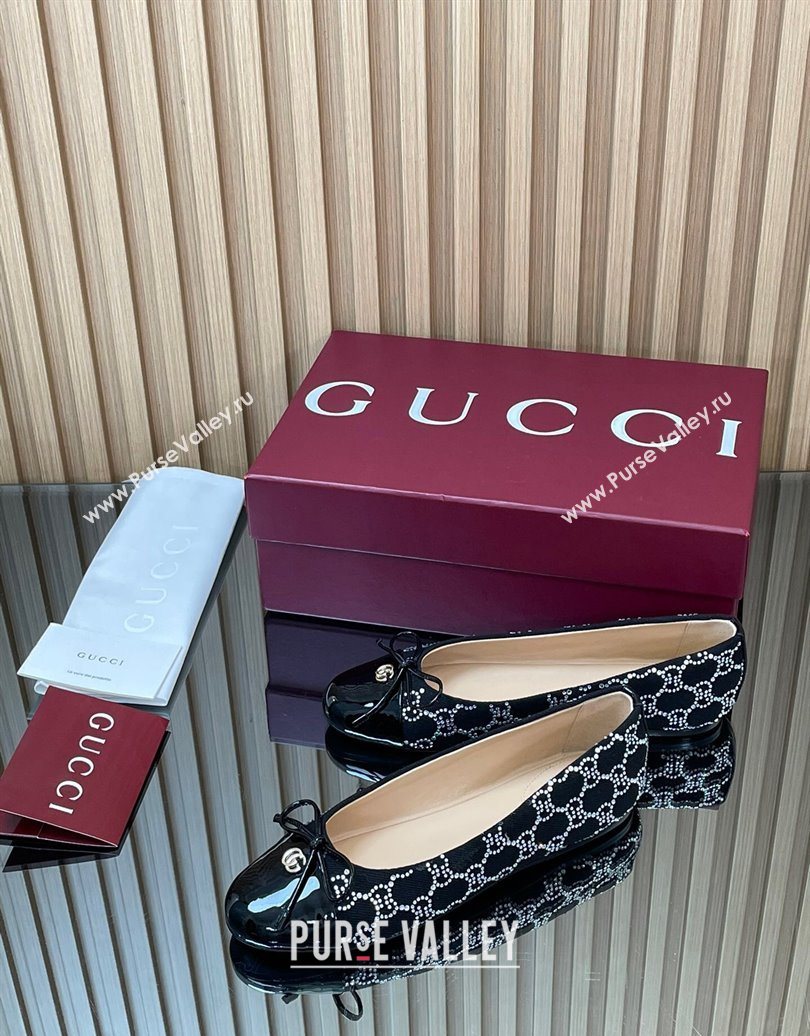 Gucci GG Strass Denim and Patent Leather Ballet Flats with Double G and Bow Black 2025 ‎835805 (MD-251021061)