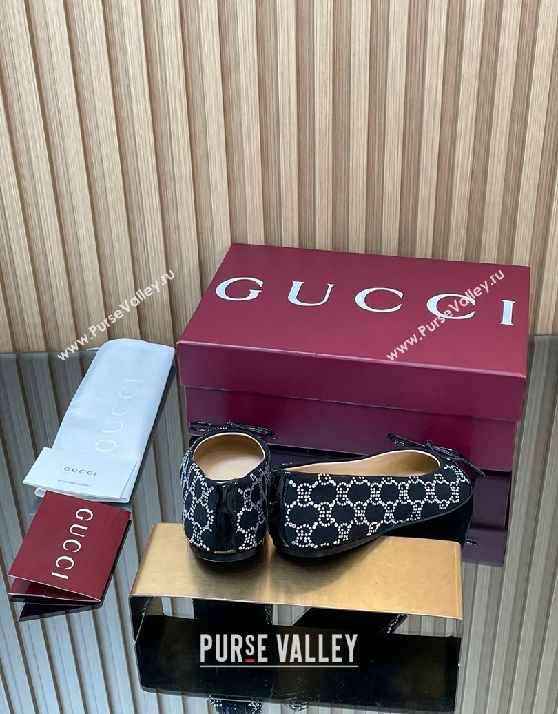 Gucci GG Strass Denim and Patent Leather Ballet Flats with Double G and Bow Black 2025 ‎835805 (MD-251021061)