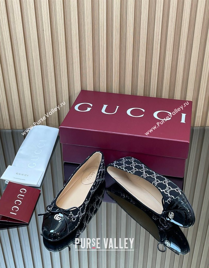 Gucci GG Strass Denim and Patent Leather Ballet Flats with Double G and Bow Black 2025 ‎835805 (MD-251021061)