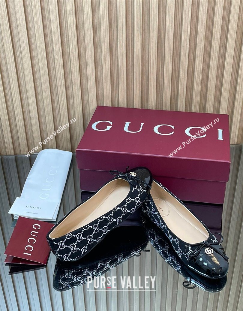Gucci GG Strass Denim and Patent Leather Ballet Flats with Double G and Bow Black 2025 ‎835805 (MD-251021061)