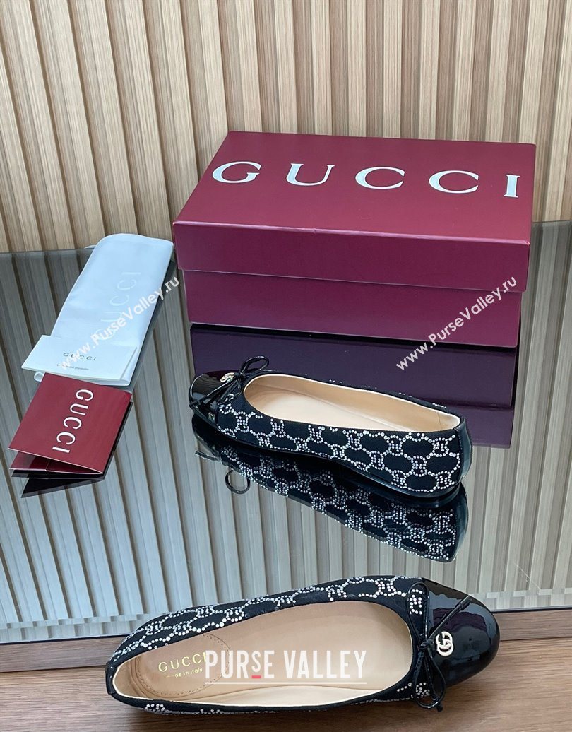 Gucci GG Strass Denim and Patent Leather Ballet Flats with Double G and Bow Black 2025 ‎835805 (MD-251021061)