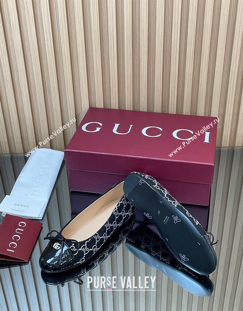 Gucci GG Strass Denim and Patent Leather Ballet Flats with Double G and Bow Black 2025 ‎835805 (MD-251021061)
