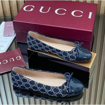 Gucci GG Strass Denim and Patent Leather Ballet Flats with Double G and Bow Dark Blue 2025 ‎835805 (MD-251021062)