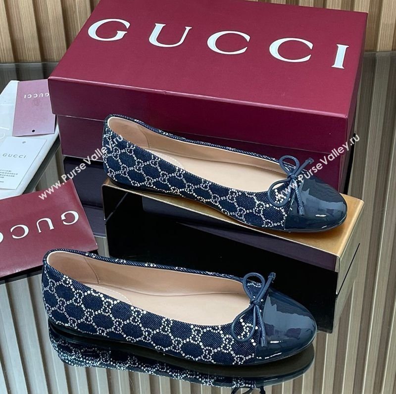 Gucci GG Strass Denim and Patent Leather Ballet Flats with Double G and Bow Dark Blue 2025 ‎835805 (MD-251021062)