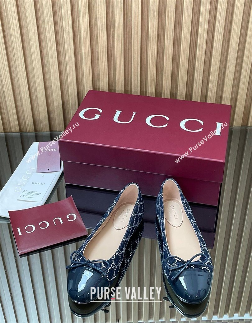 Gucci GG Strass Denim and Patent Leather Ballet Flats with Double G and Bow Dark Blue 2025 ‎835805 (MD-251021062)