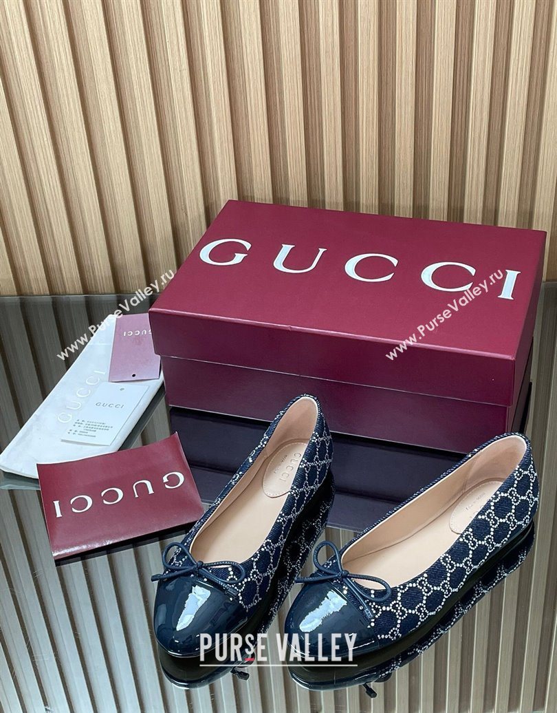 Gucci GG Strass Denim and Patent Leather Ballet Flats with Double G and Bow Dark Blue 2025 ‎835805 (MD-251021062)
