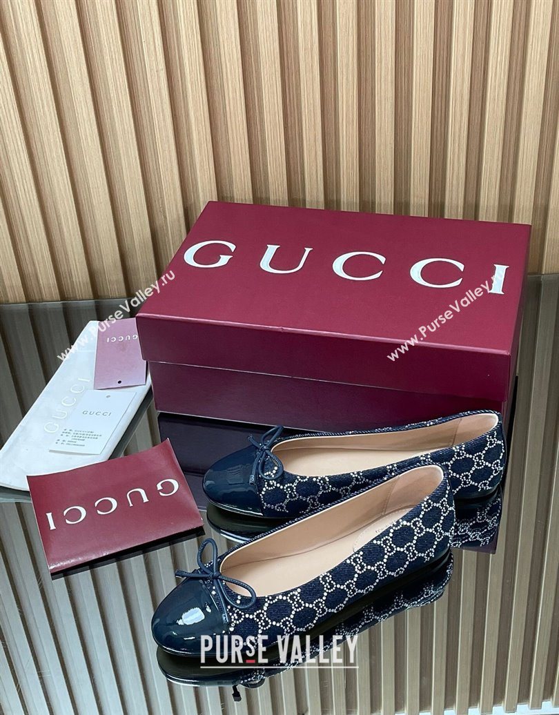Gucci GG Strass Denim and Patent Leather Ballet Flats with Double G and Bow Dark Blue 2025 ‎835805 (MD-251021062)
