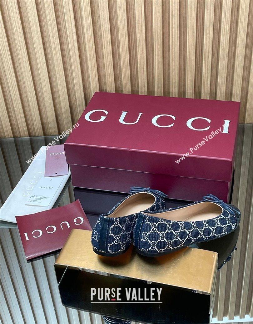 Gucci GG Strass Denim and Patent Leather Ballet Flats with Double G and Bow Dark Blue 2025 ‎835805 (MD-251021062)
