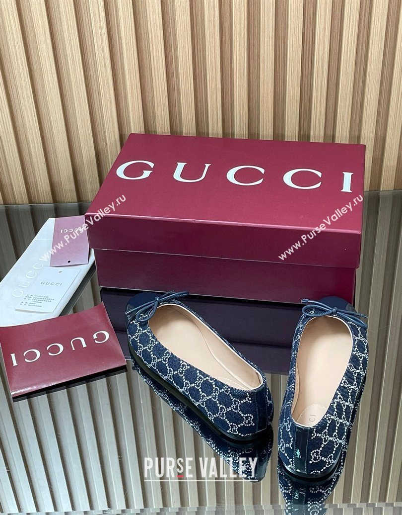 Gucci GG Strass Denim and Patent Leather Ballet Flats with Double G and Bow Dark Blue 2025 ‎835805 (MD-251021062)
